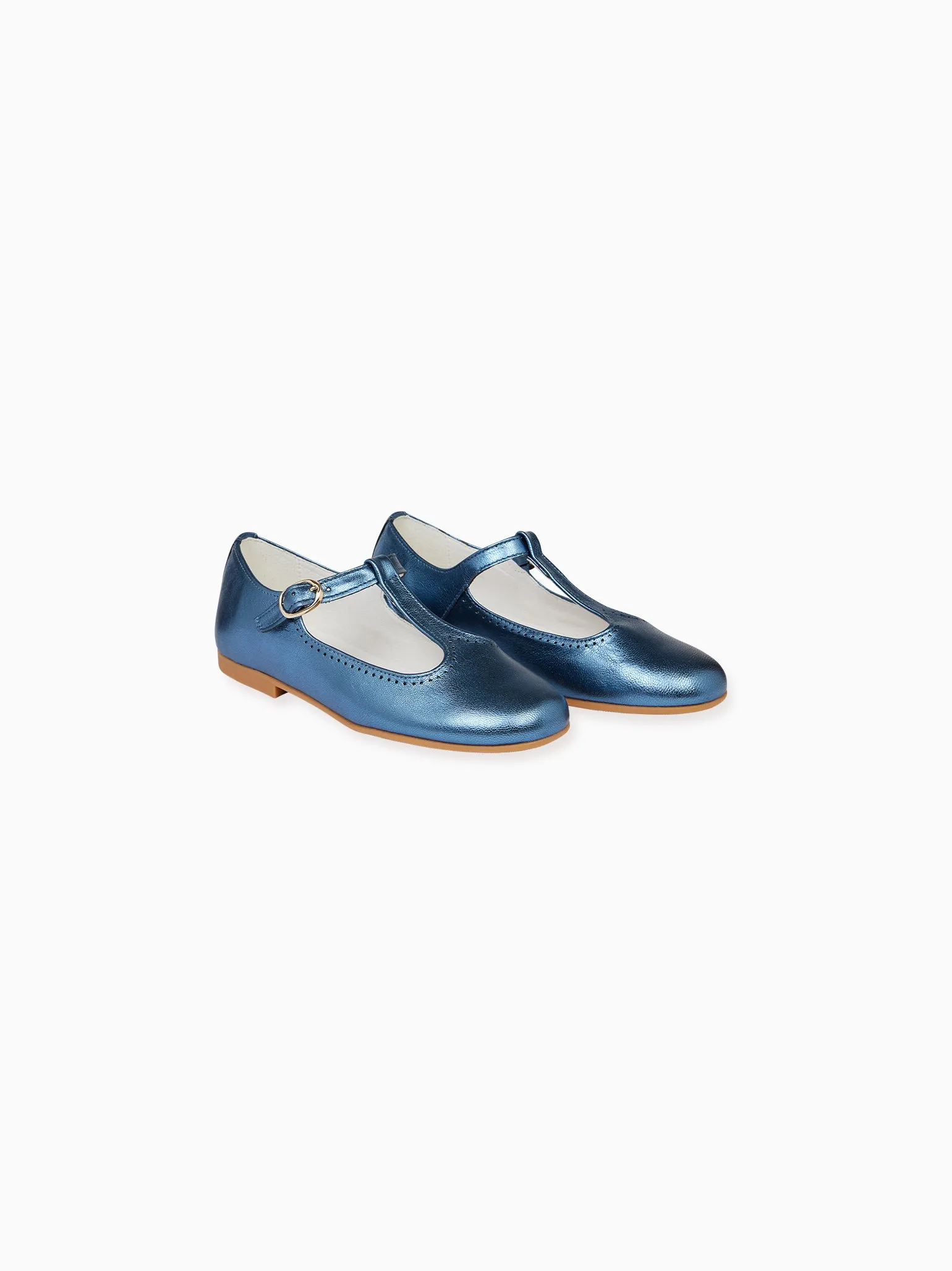 Blue Metallic Leather Girl T-Bar Shoes