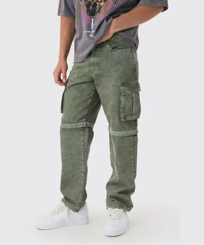 boohooMAN Mens Relaxed Acid Wash Zip Off Twill Cargo Pants