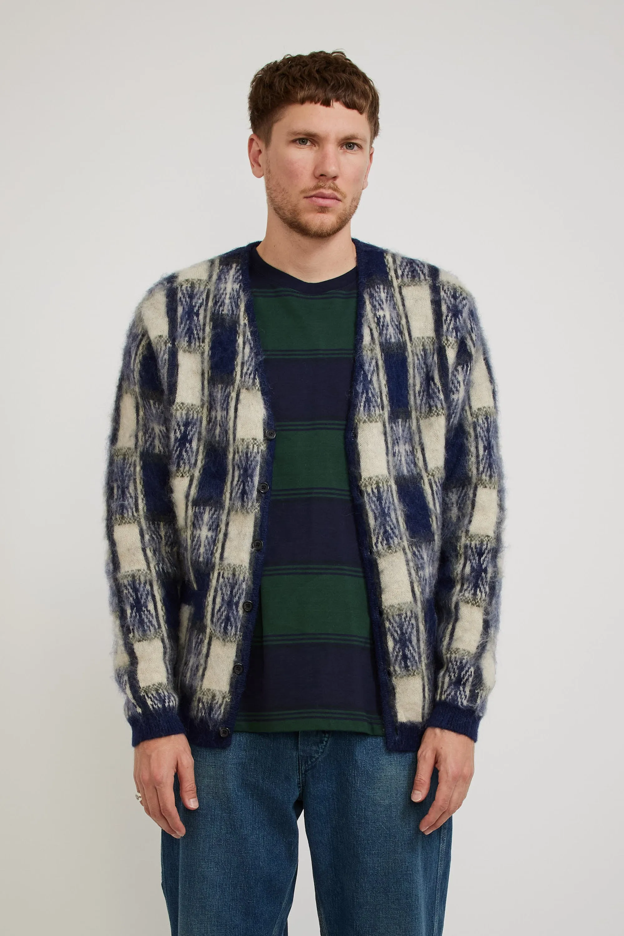 Cardigan Double Jacquard Check Pattern Navy