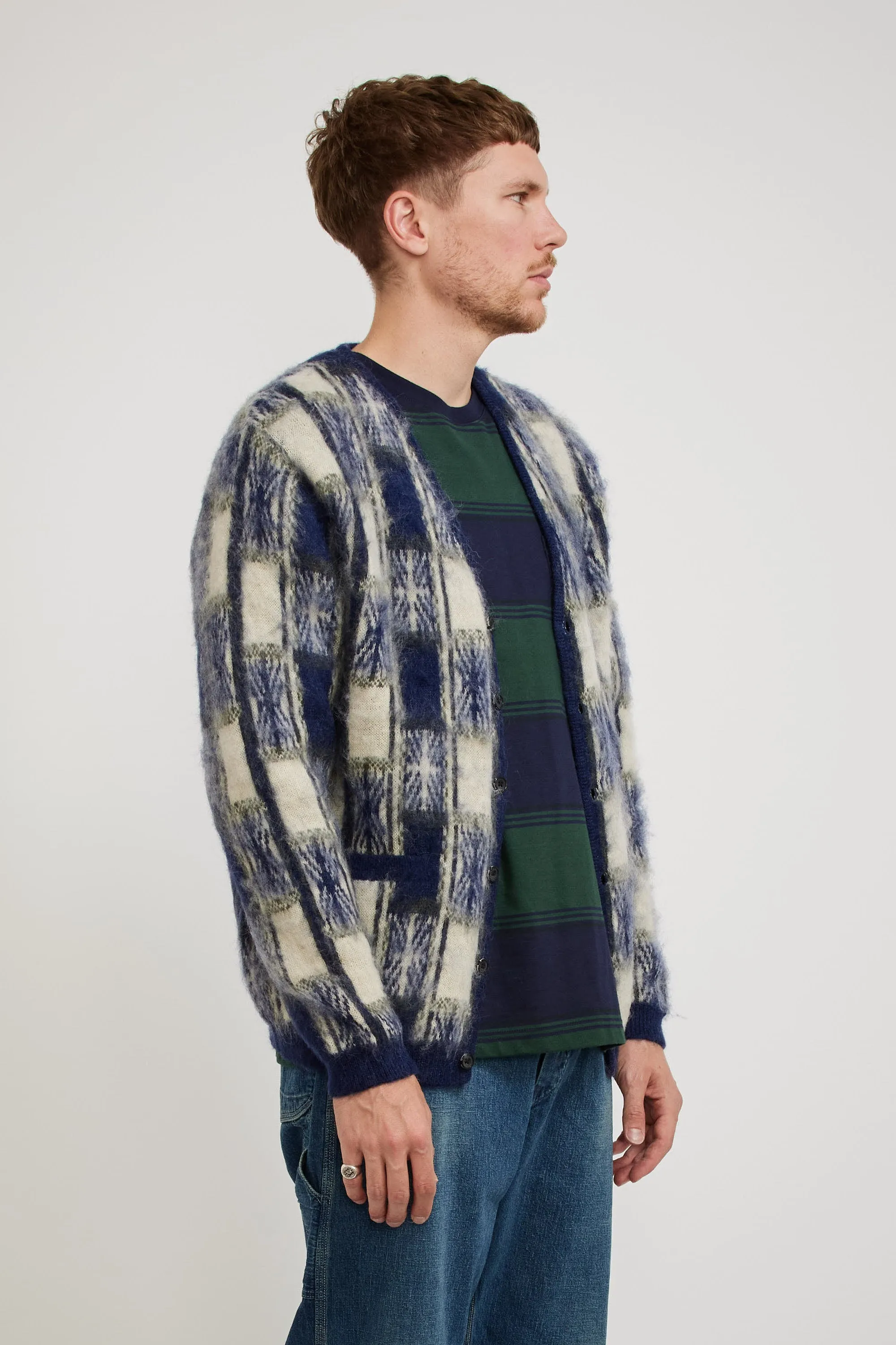 Cardigan Double Jacquard Check Pattern Navy