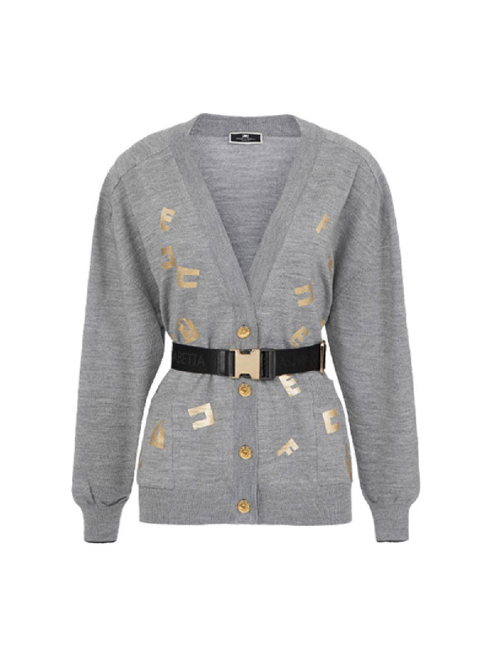 Elisabetta Franchi AI23-24 Cardigan Over in Lana con Lettering Grigio Perla Melange