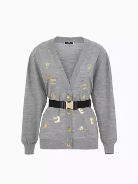 Elisabetta Franchi AI23-24 Cardigan Over in Lana con Lettering Grigio Perla Melange