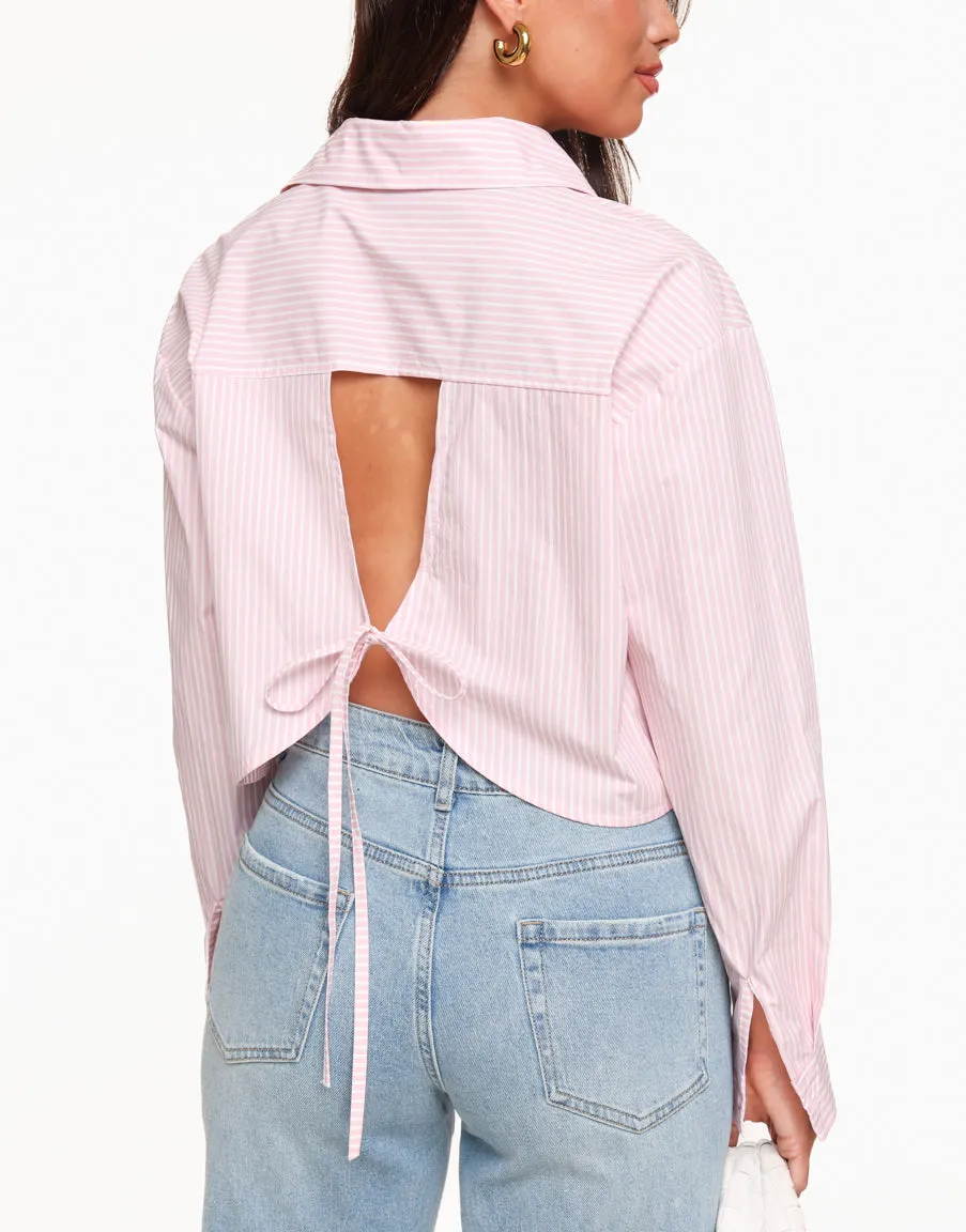 Lichtroze Gestreepte Strikjes Achterkant Cropped - Blouse