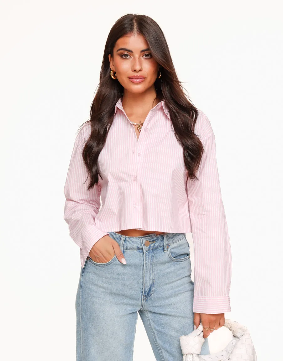 Lichtroze Gestreepte Strikjes Achterkant Cropped - Blouse