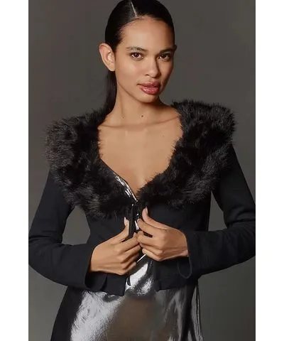 Maeve Faux-Fur Collar Cropped Cardigan Sweater