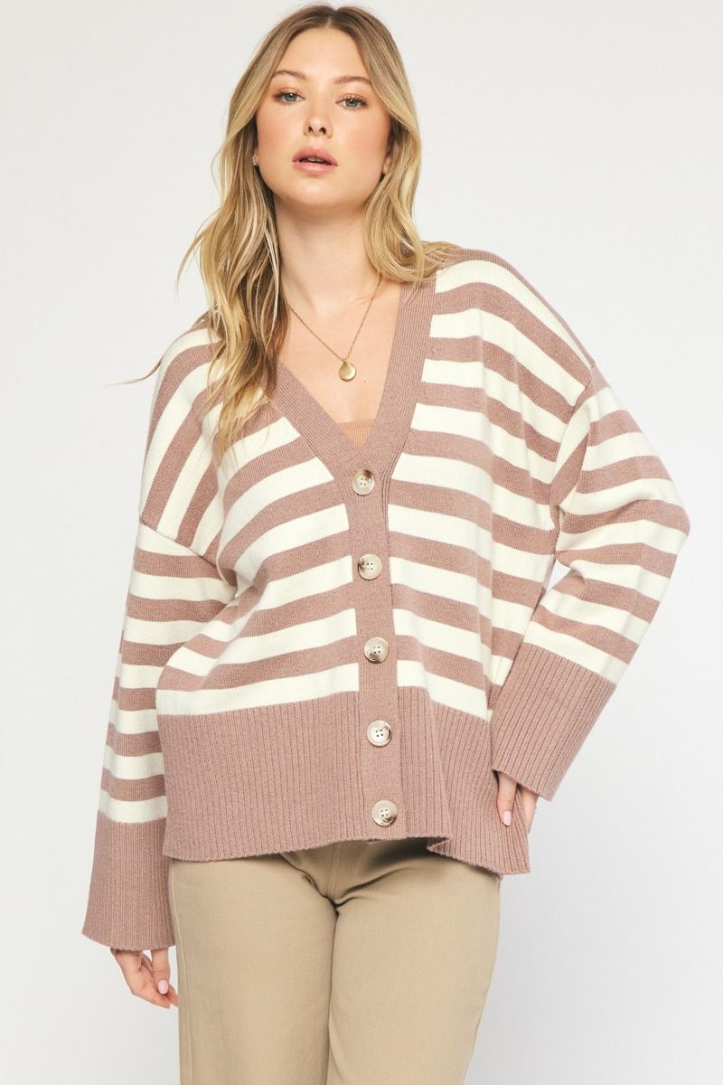 Oversized Striped Cardigan- Mocha