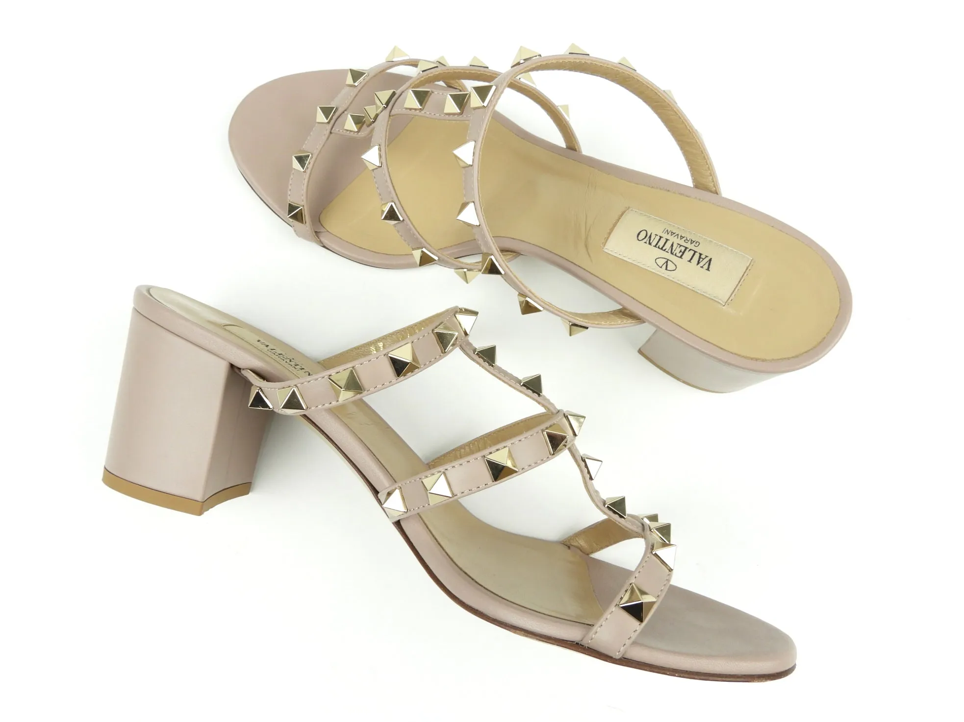 Valentino Light Taupe Rockstud Block Heel Mule Sandal - 39.5